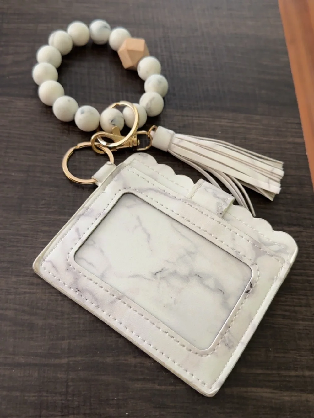 Marble Wristlet Card Holder Keychain with Tassel - White